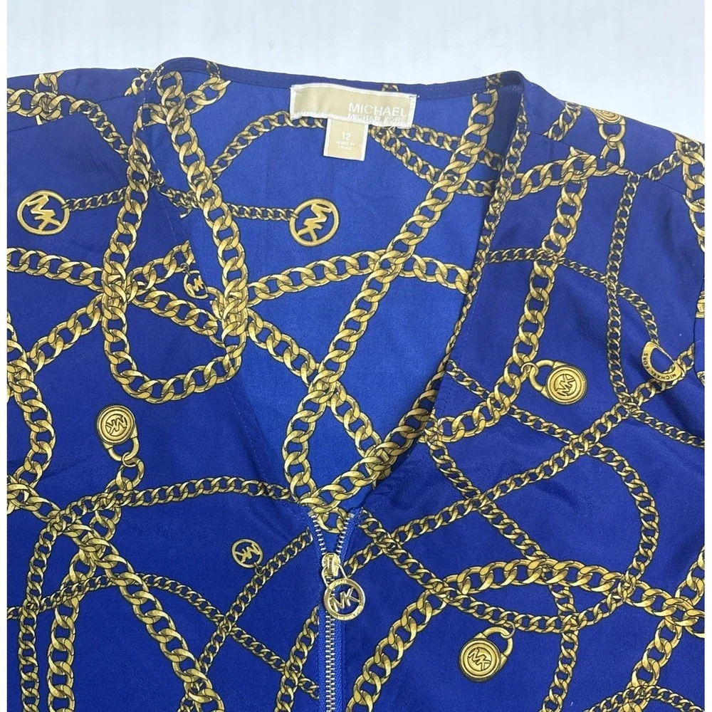 Michael Kors Chain Print Blue Long Sleeve Quarter Zip V-neck Womens Size 12‎